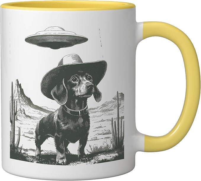 Funny Dachshund Cowboy Alien UFO Desert Dog Ceramic Mug, Yellow/White
