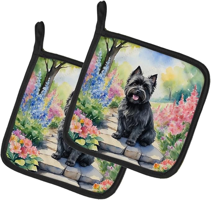 Caroline's Treasures Cairn Terrier Spring Path Pair of Pot Holders Kitchen Heat Resistant Pot Holders Sets Oven Hot Pads for Cooking Baking BBQ, 7 1/2 x 7 1/2