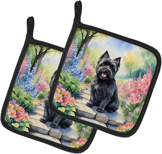 Caroline's Treasures Cairn Terrier Spring Path Pair of Pot Holders Kitchen Heat Resistant Pot Holders Sets Oven Hot Pads for Cooking Baking BBQ, 7 1/2 x 7 1/2