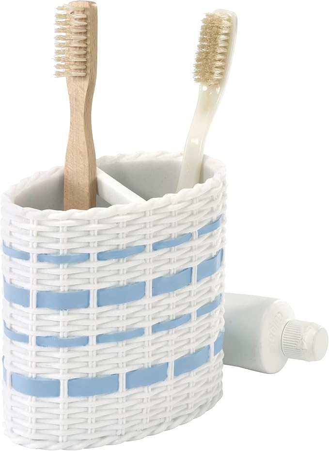 Izod – Toothbrush Holder, Wicker-Textured Hand-Painted Resin with Stripe Detail, Coastal Home Decor – Perfect for Organizing Bathroom Essentials (Savannah)