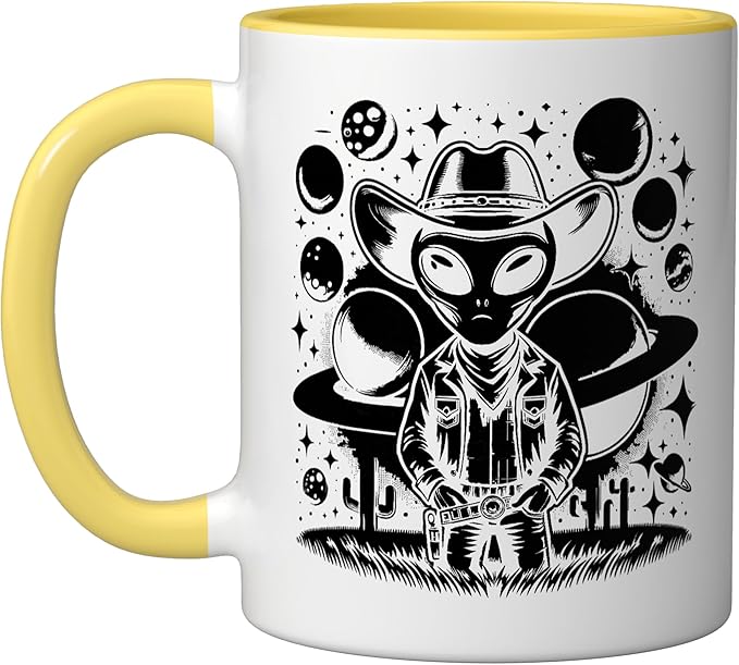 Alien Lover Flying Saucer UFO Extraterrestrial Cowboy Ceramic Mug, Yellow/White