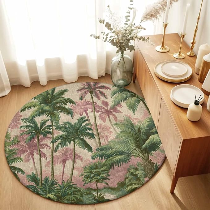 Washable Round Area Rug Exotic Forest Green Pink Palms Tree Circle Rugs Floor Carpet for Living Room Bedroom, Vintage Botantical Soft Non Slip Round Rug 3ft