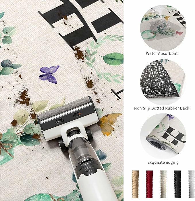 Area Rug 4x6ft, Rustic Home Text Eucalyptus Leaf Washable Rugs for Living Room Bedroom, Farmhouse Butterfly Retro Linen Soft Non-Slip Area Rugs Rectangle Floor Carpet for Dining Room