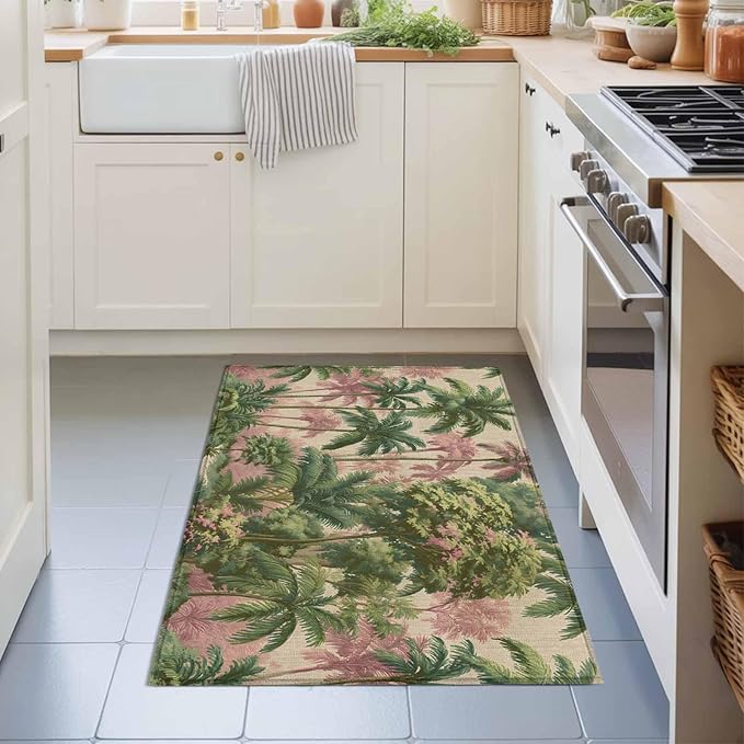 Area Rug 2x3ft, Exotic Forest Green Pink Palms Tree Washable Rugs for Living Room Bedroom, Vintage Botantical Soft Non-Slip Area Rugs Rectangle Floor Carpet for Dining Room