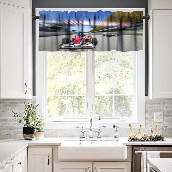 Racing Car Valance Curtain Extreme Sports Car Race Track Finish Line Pattern Rod Pocket Valance Window Treatments Short Curtains for Kitchen Bathroom Farmhouse Living Room 54x18inch