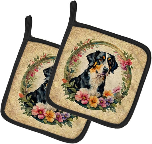 Caroline's Treasures Appenzeller Sennenhund and Flowers Pair of Pot Holders Kitchen Heat Resistant Pot Holders Sets Oven Hot Pads for Cooking Baking BBQ, 7 1/2 x 7 1/2