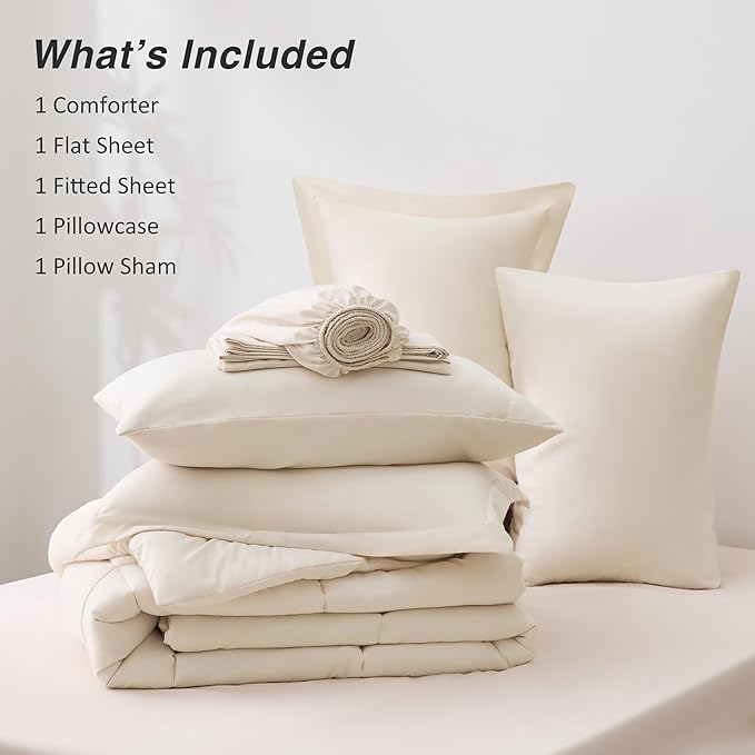 Love's cabin Twin XL Comforter Set Beige, 5 Pieces Twin XL Bed in a Bag, All Season Bedding Sets with 1 Comforter, 1 Flat Sheet, 1 Fitted Sheet, 1 Pillowcase and 1 Pillow Sham | Soft, Breathable, Lightweight, Comfortable