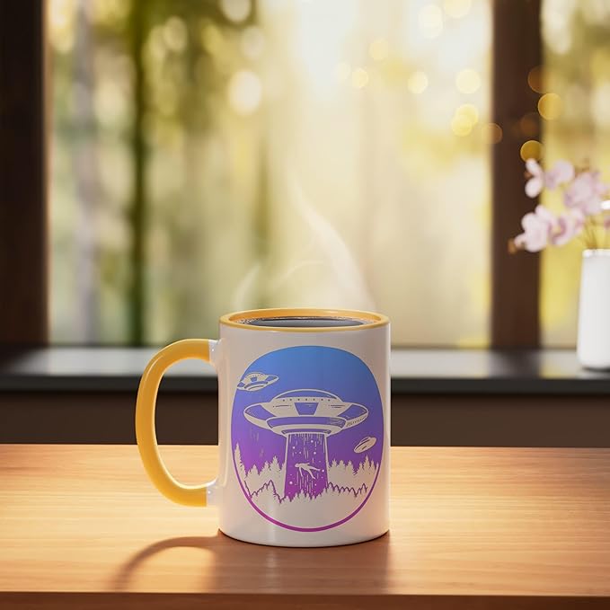 Flying Saucer UFO, Astronauts are Aliens Ceramic Mug, Yellow/White