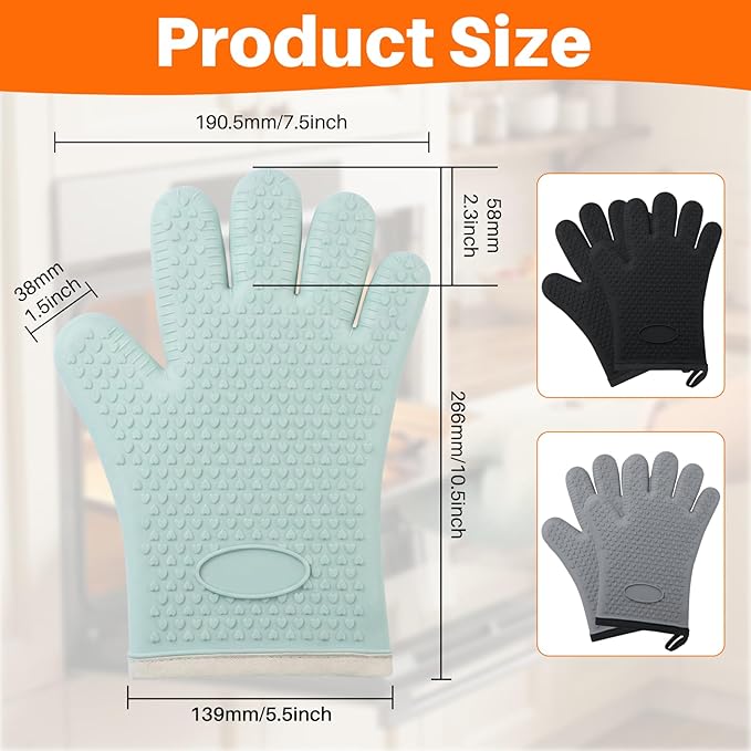 2Pack Silicone Oven Gloves with Fingers - Heat Resistant, Flexible Non-Slip Oven Mitts for Hot Pans, Easy to Clean Waterproof Kitchen Mittens for Baking(Grey)