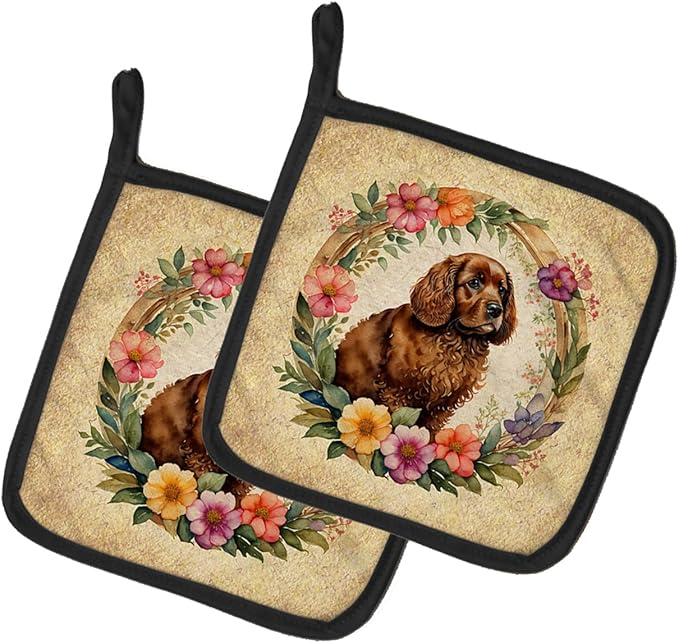 Caroline's Treasures American Water Spaniel and Flowers Pair of Pot Holders Kitchen Heat Resistant Pot Holders Sets Oven Hot Pads for Cooking Baking BBQ, 7 1/2 x 7 1/2
