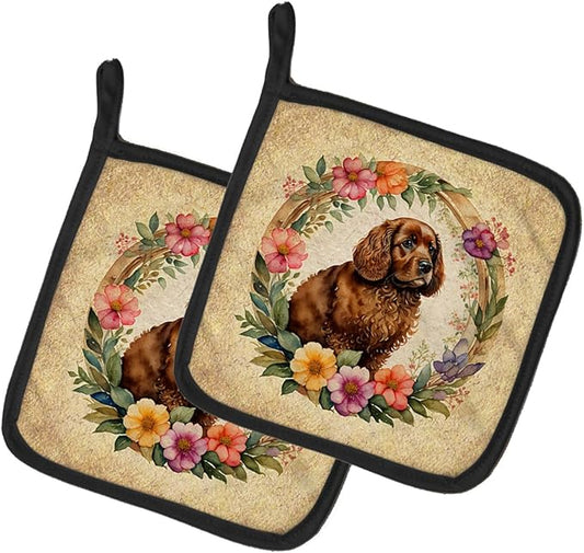 Caroline's Treasures American Water Spaniel and Flowers Pair of Pot Holders Kitchen Heat Resistant Pot Holders Sets Oven Hot Pads for Cooking Baking BBQ, 7 1/2 x 7 1/2
