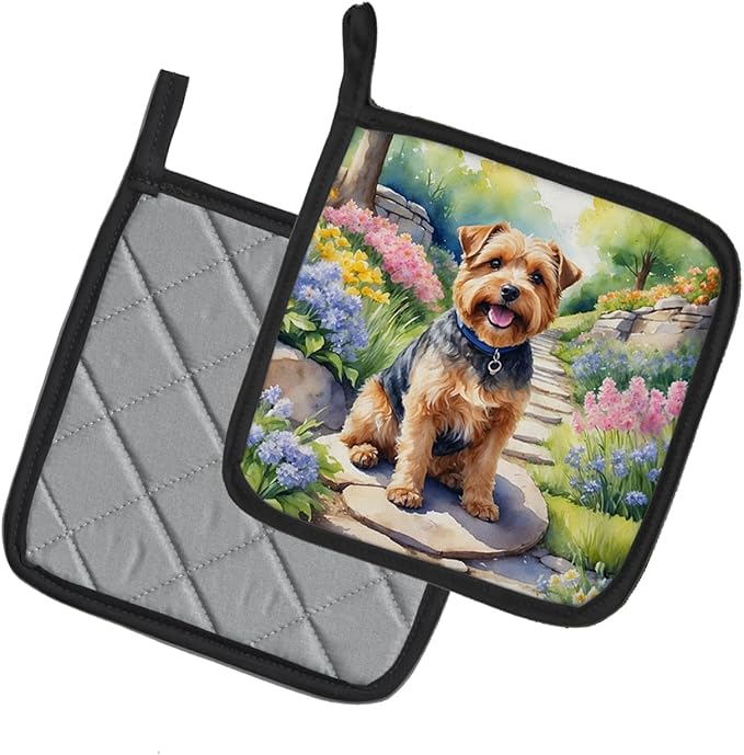 Caroline's Treasures Norfolk Terrier Spring Path Pair of Pot Holders Kitchen Heat Resistant Pot Holders Sets Oven Hot Pads for Cooking Baking BBQ, 7 1/2 x 7 1/2