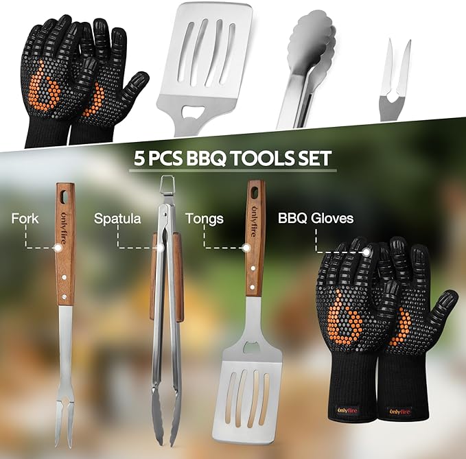 onlyfire Grill Tool Set Stainless Steel Griddle Accessories for Outdoor Camp Chef, Multifunctional Grill Utensil Set Including Grill Spatula, Meat Fork, Barbecue Tong and BBQ Gloves - Set of 5