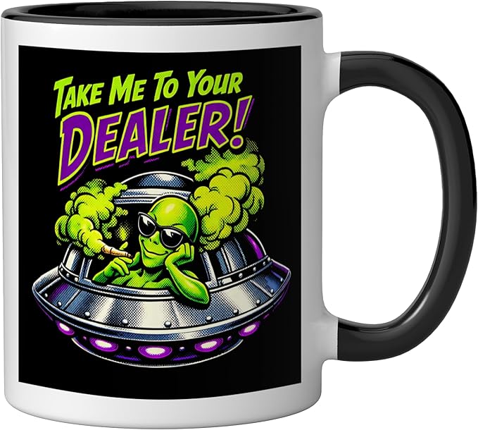 420 Take Me To Your Cannabis Weed Stoner Sc-Fi Alien UFO Ceramic Mug, Black/White