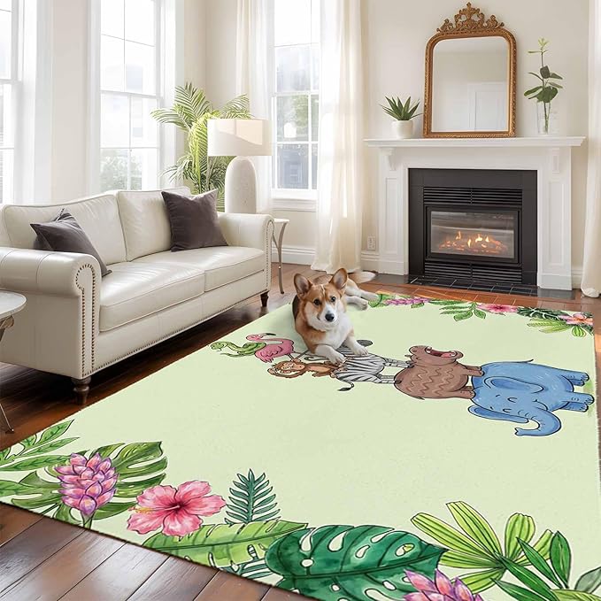 Area Rug 6x9ft, Funny Elephant Zebra Flamingo Washable Rugs for Living Room Bedroom, Tropical Leaves Floral Soft Non-Slip Area Rugs Rectangle Floor Carpet for Dining Room