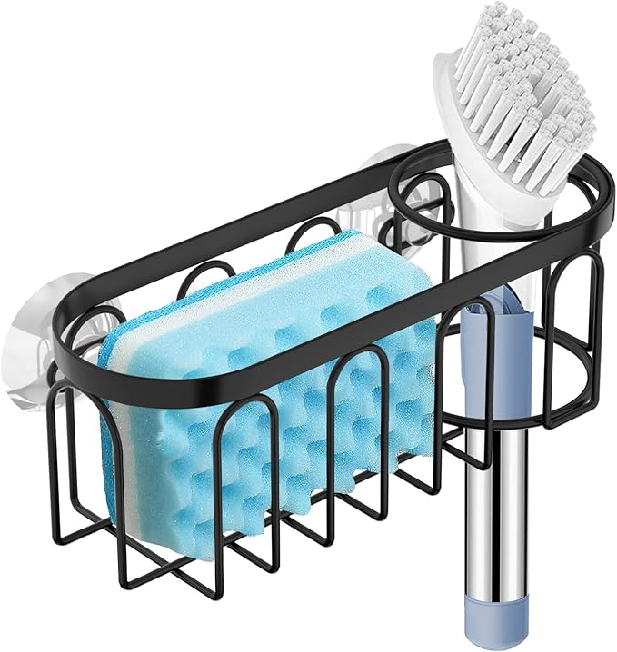 Yazoni 2-in-1 Sponge Holder for Kitchen Sink, Sink Caddy Kitchen Sink Organizer with 3 Suction Cups, No Drill Rustproof Sink Sponge Holder for Dish Brush, Soap & Sponge (Black)