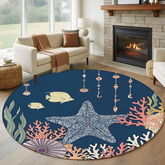 Washable Round Area Rug Ocean Starfish Coral Fish Circle Rugs Floor Carpet for Living Room Bedroom, Underwater Creature on Navy Blue Soft Non Slip Round Rug 5ft