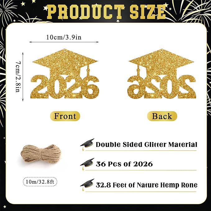 2026 Graduation Party Decorations - 36Pcs Graduation Cutouts Tags Gold Glitter 2026 Numbers for Graduation Table Centerpieces Class of 2026 Cutouts for Graduation Party Supplies Favors
