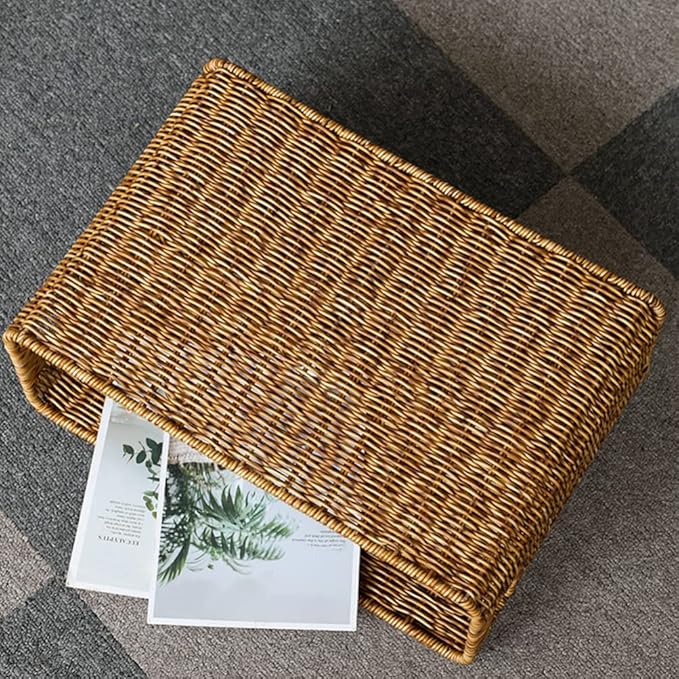 Happyyami Hand-Woven Magazine Basket Magazine Wicker Basket Rattan Magazine Holder Desk Storage Baskets with Handle for Bathroom Office