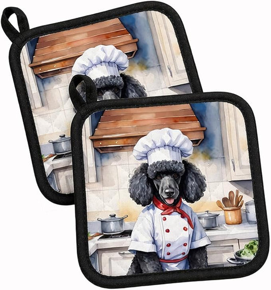 Caroline's Treasures Black Poodle The Chef Pair of Pot Holders Kitchen Heat Resistant Pot Holders Sets Oven Hot Pads for Cooking Baking BBQ, 7 1/2 x 7 1/2