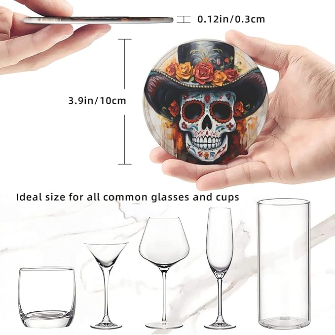 Famame 6 Pcs Oil Painting Mexican Skull Leather Coasters for Drinks with Holder Coaster Sets Drink Table Cup Coasters for Living Room Kitchen Coffee Decor