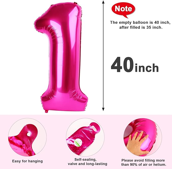 Number Balloons 1, 40 Inch One Balloons for 1st Birthday Girl Boy 1 11 21 Party Decorations Baby Shower Photo Shoot, Hot Pink 1 Balloon