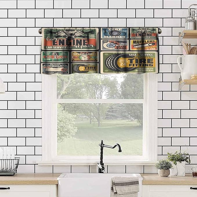 Cars Repair Service Valance Curtain Vintage Car Spare Parts, Auto Repair Service and Mechanic Garage Curtains Valances for Kitchen Living Room Bathroom Decor with Rod Pocket, One Panel 54X18 Inches