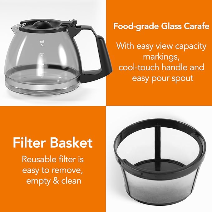 Electactic 5-Cup Drip Coffee Maker, a compact coffee machine with a digital clock and 24-hour programmable timer, featuring Auto Shut-Off, and a Removable Filter Basket for Home & Office-Deep Black