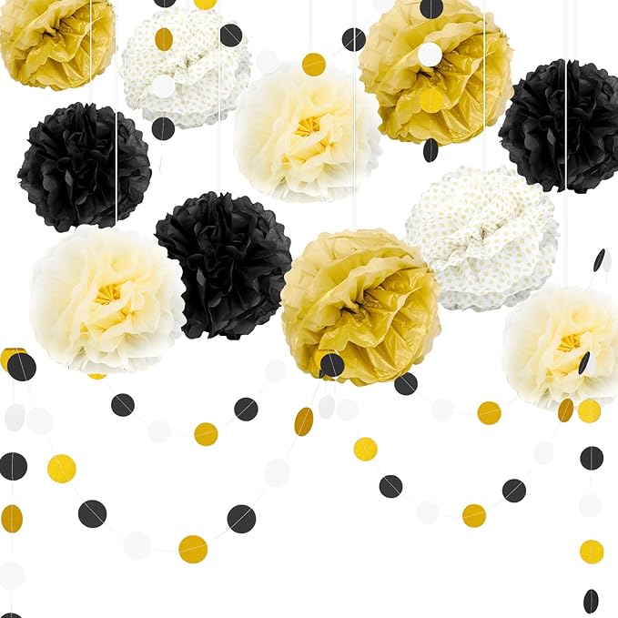 20Pcs Black and Gold Party Decorations 2026 Graduation Decorations 16 Pack Black and Gold Pom Poms Paper Flowers 4 Pack Garlands String for Birthday Wedding Anniversary 2026 Graduation Party Supplies