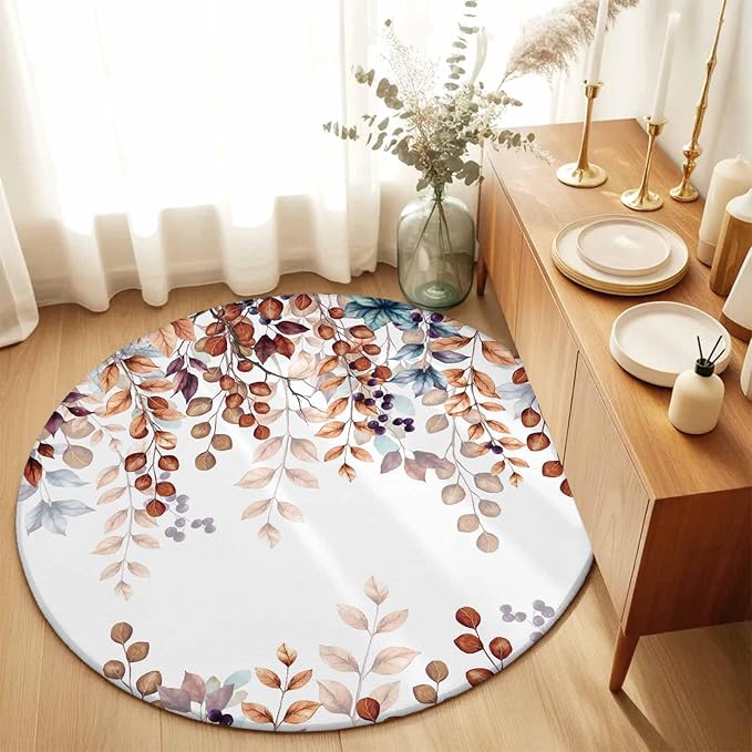 Washable Round Area Rug Fall Orange Watercolor Eucalyptus Leaves Circle Rugs Floor Carpet for Living Room Bedroom, Fallen Leaf on White Soft Non Slip Round Rug 5ft