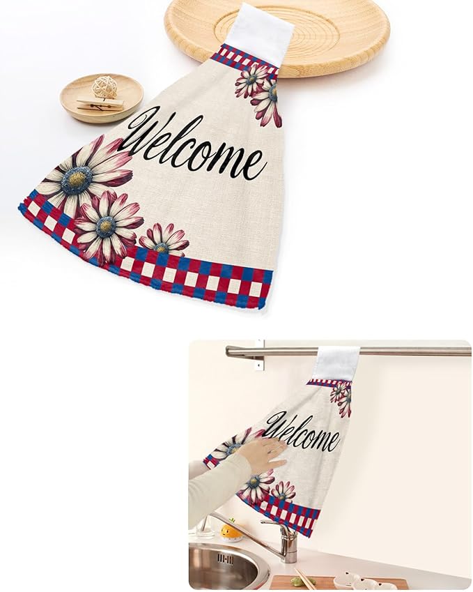 Alandar Home Kitchen Tie Towel Set of 2, Watercolor Daisy Red Blue Plaid Absorbent Soft Hand Towels for Bathroom Hanging Towels, Independence Day Flower on Flax Fast Drying Cleaning Cloth with Loop