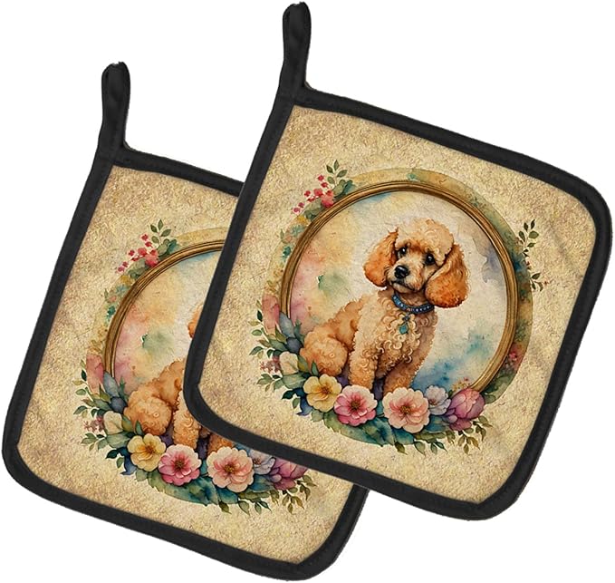 Caroline's Treasures Poodle and Flowers Pair of Pot Holders Kitchen Heat Resistant Pot Holders Sets Oven Hot Pads for Cooking Baking BBQ, 7 1/2 x 7 1/2
