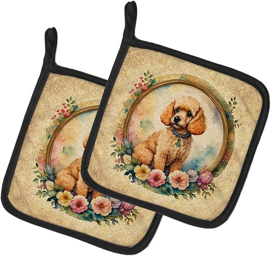 Caroline's Treasures Poodle and Flowers Pair of Pot Holders Kitchen Heat Resistant Pot Holders Sets Oven Hot Pads for Cooking Baking BBQ, 7 1/2 x 7 1/2