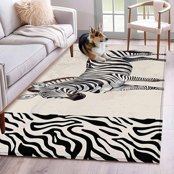 Area Rug 3x5ft, Zebra Black Stripe Animal Portrait Washable Rugs for Living Room Bedroom, Vintage Tree Branch Soft Non-Slip Area Rugs Rectangle Floor Carpet for Dining Room