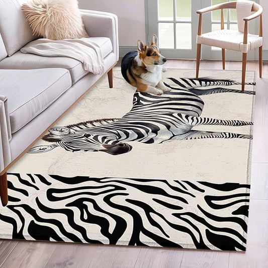 Area Rug 4x6ft, Zebra Black Stripe Animal Portrait Washable Rugs for Living Room Bedroom, Vintage Tree Branch Soft Non-Slip Area Rugs Rectangle Floor Carpet for Dining Room