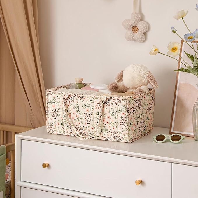 Quilted Fabric Storage Basket Floral Baby Diaper Caddy Quilted Basket for Nursery Bedroom Car Storage (L- Beige 03)