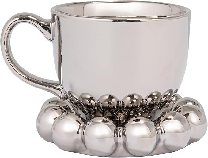 Bloomingville 12-Ounce Stoneware Mug with Ball Edge Saucer, Chrome-Finish