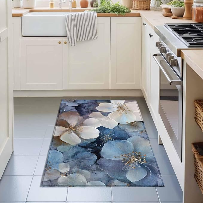 Area Rug 2x3ft, Watercolor White Navy Blue Floral Foliage Washable Rugs for Living Room Bedroom, Abstract Flower Soft Non-Slip Area Rugs Rectangle Floor Carpet for Dining Room