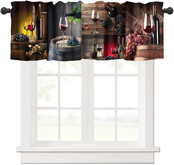 Wine Kitchen Valance, Rustic Wooden Board Wine Barrel Glass Grape Short Window Treatment for Home Bar Dining Bedroom Living Room Resturant, 54x18Inch