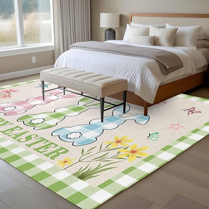 Area Rug 6x9ft, Happy Easter Bunny Shadow Flowers Washable Rugs for Living Room Bedroom, Retro Linen Cotton and Grid Soft Non-Slip Area Rugs Rectangle Floor Carpet for Dining Room