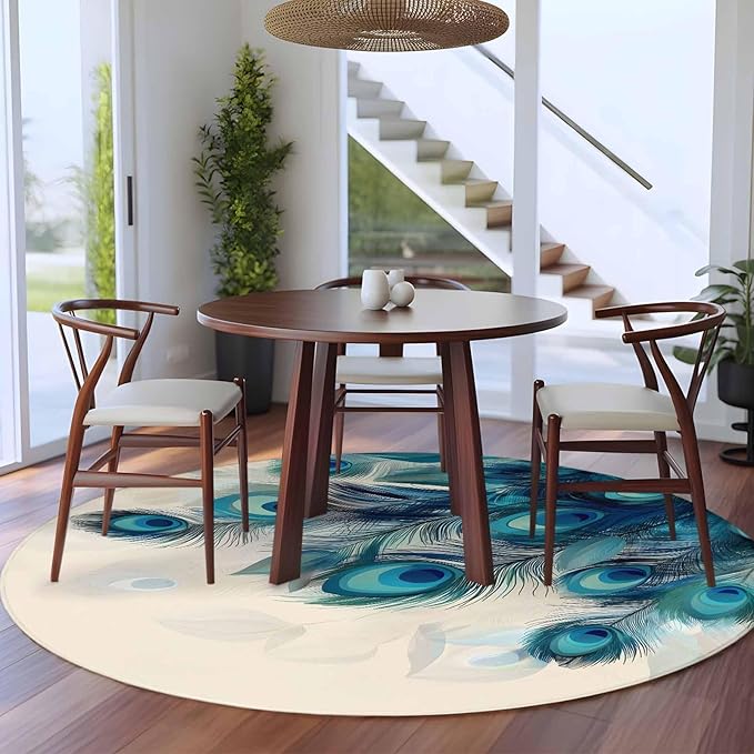 Washable Round Area Rug Abstract Animal Art Peacock Feather Circle Rugs Floor Carpet for Living Room Bedroom, Watercolor Blue Eyes Beige Soft Non Slip Round Rug 5ft