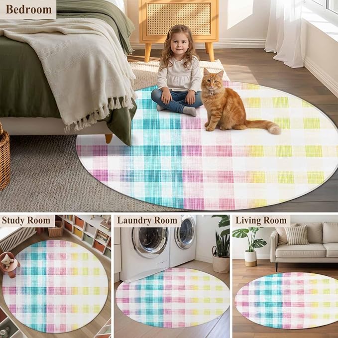 Washable Round Area Rug Easter Red Yellow Blue Stripes Circle Rugs Floor Carpet for Living Room Bedroom, Abstract Buffalo Plaid Soft Non Slip Round Rug 4ft