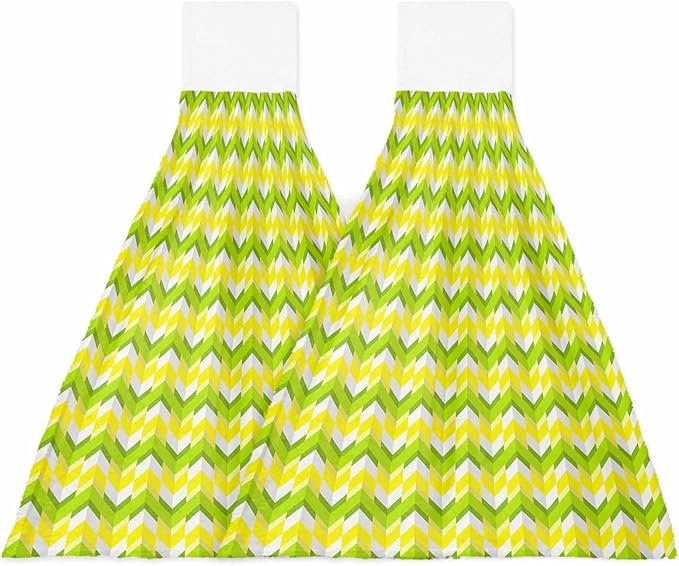 Alandar Home Kitchen Tie Towel Set of 2, Modern Chevron Striped Geometric Art Absorbent Soft Hand Towels for Bathroom Hanging Towels, Yellow Green Fast Drying Cleaning Cloth with Loop