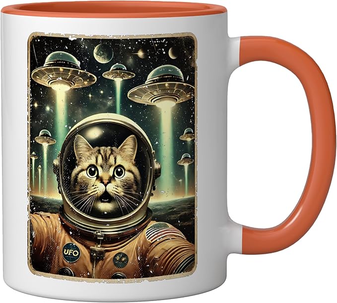 Space Cat Astronaut Funny UFO Sci-fi Alien Selfie Ceramic Mug, Orange/White