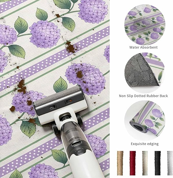 Area Rug 4x6ft, Watercolor Hydrangea Flower Washable Rugs for Living Room Bedroom, Spring Floral Leaves on Linen Soft Non-Slip Area Rugs Rectangle Floor Carpet for Dining Room