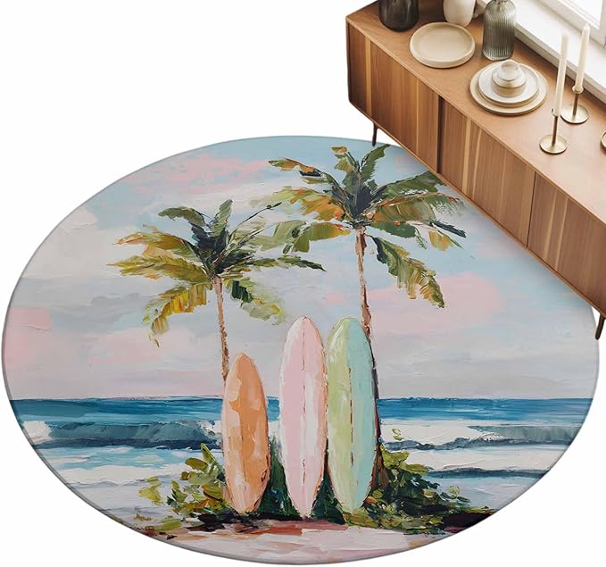 Washable Round Area Rug Summer Blue Ocean Surfboard Circle Rugs Floor Carpet for Living Room Bedroom, Tropical Plant Palm Tree Soft Non Slip Round Rug 3ft