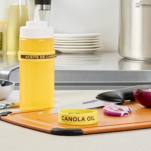 Restaurantware Silicone Squeeze Bottle Band 10 Count 2.75 Inch Dishwasher Safe Condiment Identification Band, Canola Oil Yellow Non-Slip Label Band for Condiment Labeling at Restaurants, Food Trucks