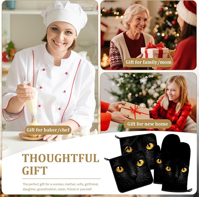 Black Cat Eyes Oven Mitts and Pot Holders Sets 4Pcs Animal Face Silicone Kitchen Gloves Heat Resistant Potholders for Baking Cooking Grilling BBQ
