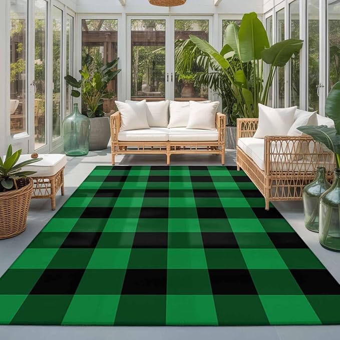 Area Rug 3x5ft, St. Patrick's Day Lucky Green Black Plaid Washable Rugs for Living Room Bedroom, Buffalo Lattice Soft Non-Slip Area Rugs Rectangle Floor Carpet for Dining Room