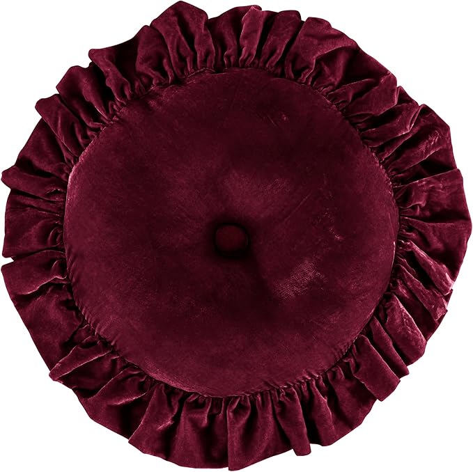HiEnd Accents Stella Faux Silk Velvet Round Ruffled Pillow, Garnet Red, Romantic Western Modern Traditional Style Luxury Bedding, Decorative Throw Pillow